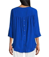 Multiples Solid Crinkle Woven Scoop Neck 3/4 Sleeve Hi-Low Hem Ruffle Top