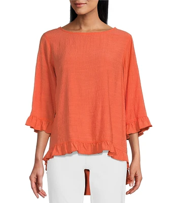 Multiples Solid Crinkle Woven Scoop Neck 3/4 Sleeve Hi-Low Hem Ruffle Top