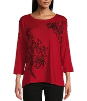 Multiples Solid Sequin Embellished Detail Crew Neck 3/4 Dolman Sleeve Top