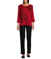 Multiples Solid Sequin Embellished Detail Crew Neck 3/4 Dolman Sleeve Top