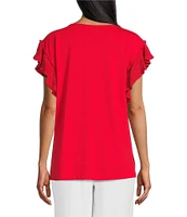 Multiples Solid Knit Jersey Scoop Neck Short Flutter Sleeve Fitted Top