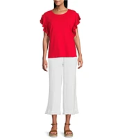 Multiples Solid Knit Jersey Scoop Neck Short Flutter Sleeve Fitted Top