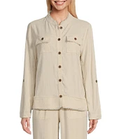 Multiples Solid Linen-Blend Stand Collar Long Roll-Tab Sleeve Button-Front Fitted Coordinating Shirt