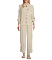 Multiples Solid Linen-Blend Stand Collar Long Roll-Tab Sleeve Button-Front Fitted Coordinating Shirt