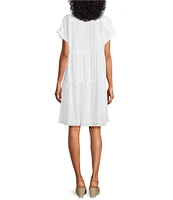 Multiples Solid Twill Point Collar Cap Sleeve Tiered Button Front Shirt Dress