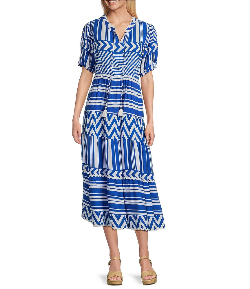 Multiples Split Round Neck Short Puff Sleeve Multi Tiered Printed Challis A-Line Midi Dress