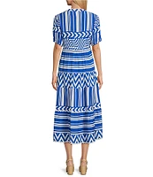 Multiples Split Round Neck Short Puff Sleeve Multi Tiered Printed Challis A-Line Midi Dress