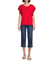 Multiples Stretch Denim Wide Waistband Triple Fringe Hem Pull-On Jeans
