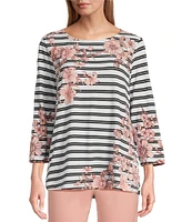 Multiples Stretch Placement Floral Stripe Boat Neck 3/4 Sleeve Fitted Top
