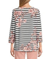 Multiples Stretch Placement Floral Stripe Boat Neck 3/4 Sleeve Fitted Top