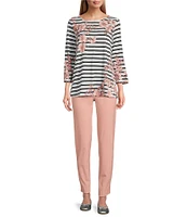 Multiples Stretch Placement Floral Stripe Boat Neck 3/4 Sleeve Fitted Top