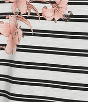 Multiples Stretch Placement Floral Stripe Boat Neck 3/4 Sleeve Fitted Top