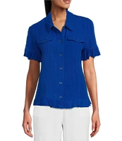 Multiples Textured Slub Woven Point Collar Short Sleeve Ruffle Detail Fitted Button Front Jean Jacket