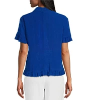 Multiples Textured Slub Woven Point Collar Short Sleeve Ruffle Detail Fitted Button Front Jean Jacket