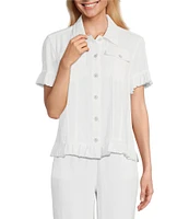 Multiples Textured Slub Woven Point Collar Short Sleeve Ruffle Detail Fitted Button Front Jean Jacket