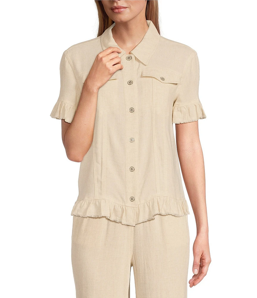 Multiples Textured Slub Woven Point Collar Short Sleeve Ruffle Detail Fitted Button Front Jean Jacket