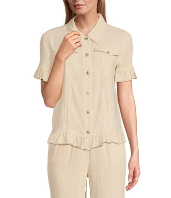 Multiples Textured Slub Woven Point Collar Short Sleeve Ruffle Detail Fitted Button Front Jean Jacket