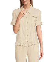 Multiples Textured Slub Woven Point Collar Short Sleeve Ruffle Detail Fitted Button Front Jean Jacket