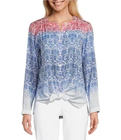 Multiples Textured Woven Printed Band V-Neck Long Roll-Tab Sleeve Button-Front Shirt