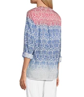 Multiples Textured Woven Printed Band V-Neck Long Roll-Tab Sleeve Button-Front Shirt