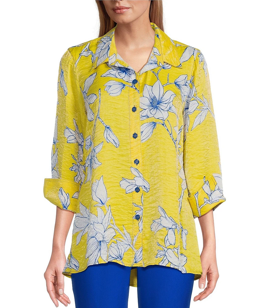 Multiples Woven Floral Point Collar 3/4 Turn-Up Sleeve Hi-Low Button Front Shimmer Shirt