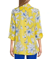 Multiples Woven Floral Point Collar 3/4 Turn-Up Sleeve Hi-Low Button Front Shimmer Shirt