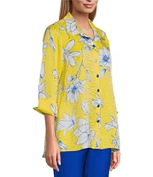 Multiples Woven Floral Point Collar 3/4 Turn-Up Sleeve Hi-Low Button Front Shimmer Shirt