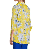 Multiples Woven Floral Point Collar 3/4 Turn-Up Sleeve Hi-Low Button Front Shimmer Shirt