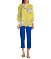 Multiples Woven Floral Point Collar 3/4 Turn-Up Sleeve Hi-Low Button Front Shimmer Shirt