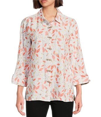 Multiples Woven Leaf Print Point Collar 3/4 Turn-Up Sleeve Button Front Fitted Shirt