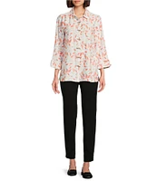 Multiples Woven Leaf Print Point Collar 3/4 Turn-Up Sleeve Button Front Fitted Shirt