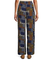 Multiples Woven Patchwork Multi Print Pull-On Wide-Leg Crepon Pants