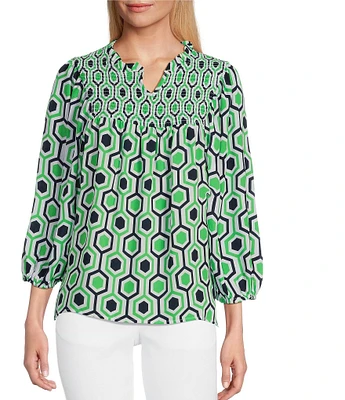 Multiples Woven Printed Ruffled Split V-Neck 3/4 Puff Sleeve Shirred Front Top