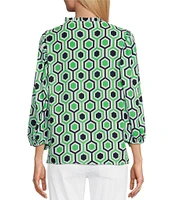 Multiples Woven Printed Ruffled Split V-Neck 3/4 Puff Sleeve Shirred Front Top