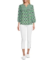 Multiples Woven Printed Ruffled Split V-Neck 3/4 Puff Sleeve Shirred Front Top