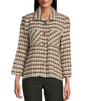 Multiples Yarn-Dye Point Collar 3/4 Sleeve Fringe Trim Snap-Front Houndstooth Jacket