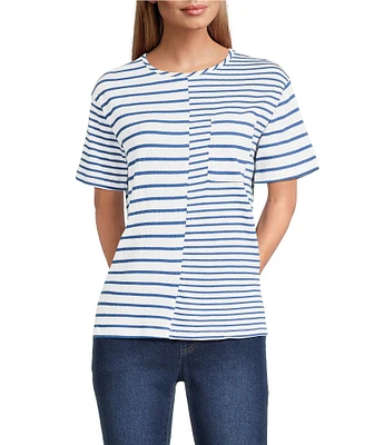 Multiples Yarn-Dye Pucker Knit Stripe Scoop Neck Short Sleeve Fitted Top