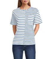 Multiples Yarn-Dye Pucker Knit Stripe Scoop Neck Short Sleeve Fitted Top