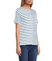 Multiples Yarn-Dye Pucker Knit Stripe Scoop Neck Short Sleeve Fitted Top