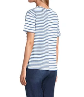 Multiples Yarn-Dye Pucker Knit Stripe Scoop Neck Short Sleeve Fitted Top