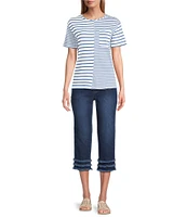 Multiples Yarn-Dye Pucker Knit Stripe Scoop Neck Short Sleeve Fitted Top