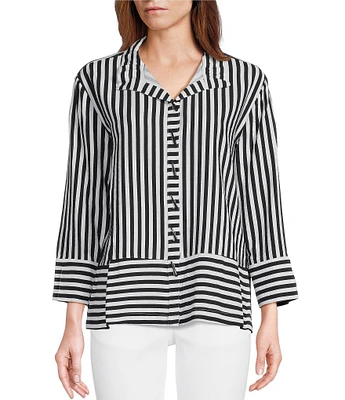 Multiples Yarn-Dye Stripe Wire Collar 3/4 Turn-Up Cuff Sleeve Button-Front Shirt