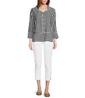 Multiples Yarn-Dye Stripe Wire Collar 3/4 Turn-Up Cuff Sleeve Button-Front Shirt