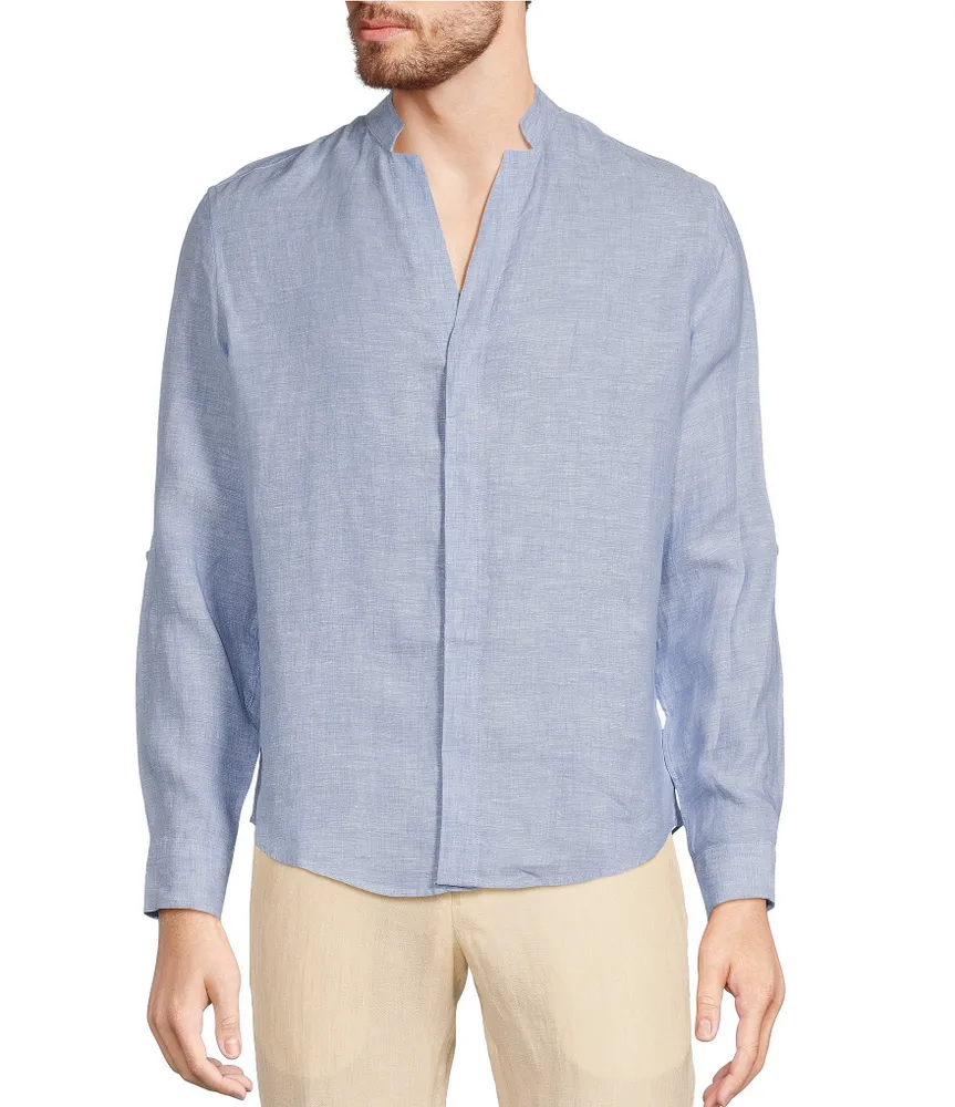 Murano Big & Tall Baird McNutt Classic Fit Mandarin Collar Roll-Tab Long Sleeve Linen Woven Shirt