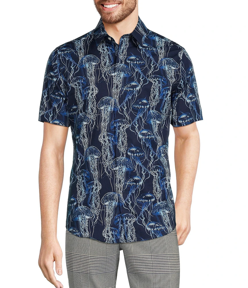 Murano Big & Tall Modern Maritime Collection Slim-Fit Jellyfish Print Short Sleeve Woven Shirt