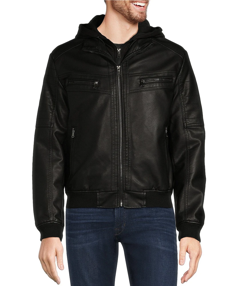 Murano Big & Tall PU Bomber with Knit Hood Faux Leather Jacket