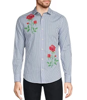 Murano Corsa Di Cavalli Derby Collection Slim-Fit Placed Rose Stripe Print Long Sleeve Woven Shirt