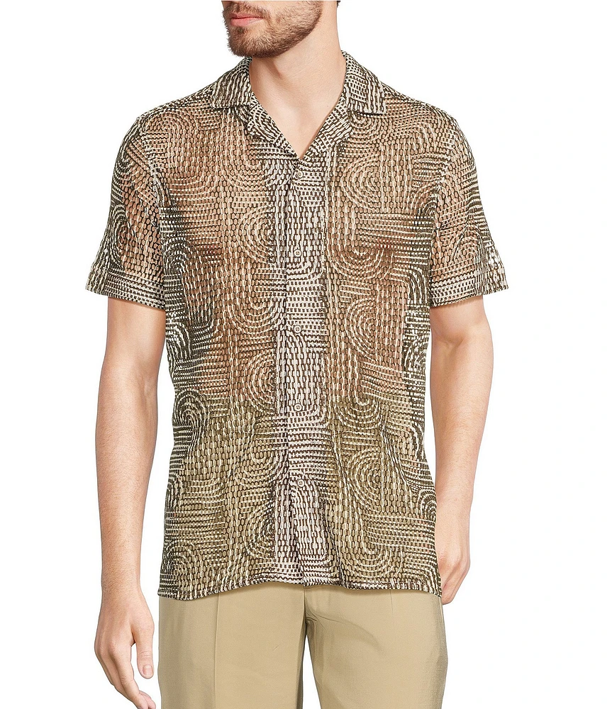 Murano Crocodile World Collection Open Weave Line Print Camp Collar Woven Shirt