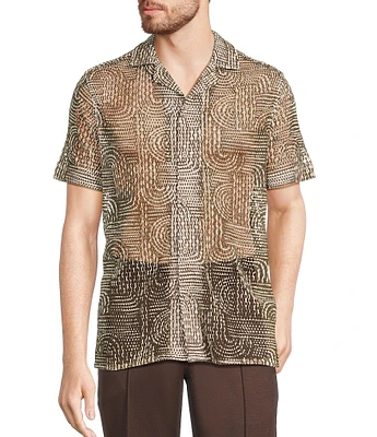 Murano Crocodile World Collection Open Weave Line Print Camp Collar Woven Shirt