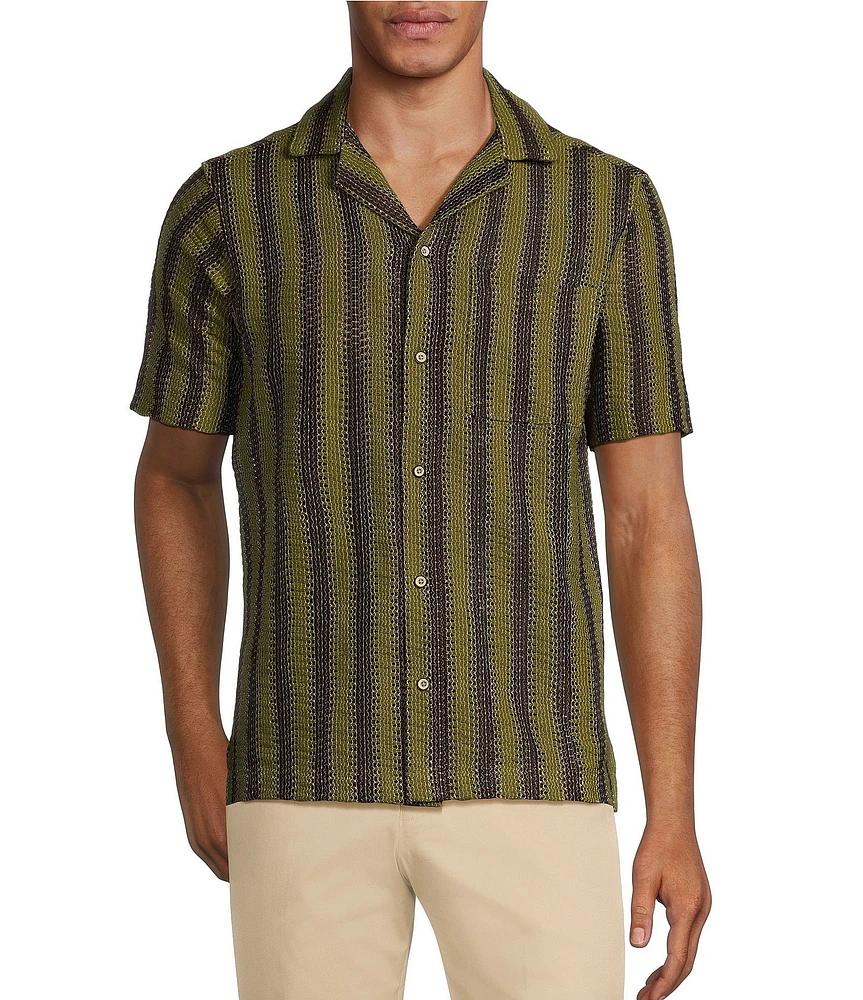 Murano Crocodile World Collection Open Weave Stripe Camp Collar Woven Shirt